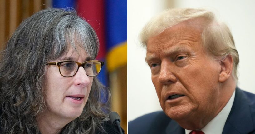 At left, Colorado Judge Sarah B. Wallace presides over a hearing for a lawsuit that seeks to keep former President Donald Trump, right, off the state ballot, in court in Denver on Monday.