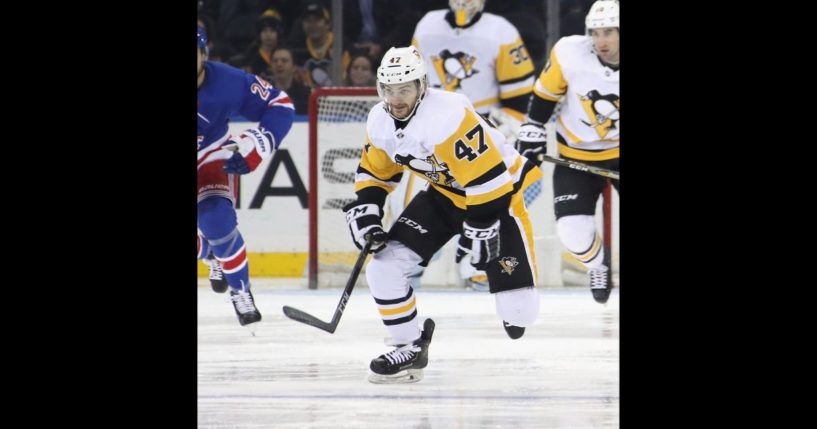 Adam Johnson #47 of the Pittsburgh Penguins skates against the New York Rangers at Madison Square Garden on March 25, 2019 in New York City. The Penguins defeated the Rangers 5-2.