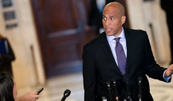 United States Senator Cory Booker (Democrat of New Jersey) speaks to the press after a US Senate bipartisan Artificial Intelligence (AI) Insight Forum at the US Capitol in Washington, D.C., on Sept. 13.