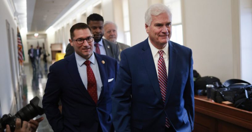 House Majority Whip Tom Emmer and Rep. Guy Reschenthaler arrive to a House Republican candidates forum where congressmen who are running for Speaker of the House will present their platforms in the Longworth House Office Building on Capitol Hill on Tuesday in Washington, D.C.