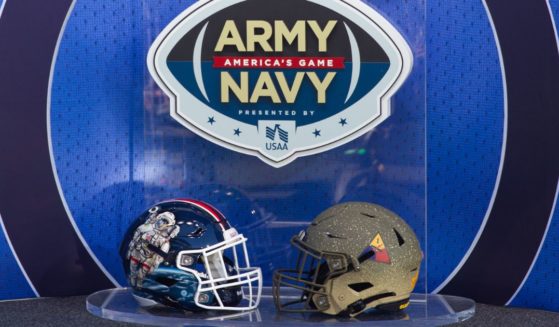 The Navy Midshipmen and Army Black Knights helmets prior to their game at Lincoln Financial Field on Dec. 10, 2022, in Philadelphia