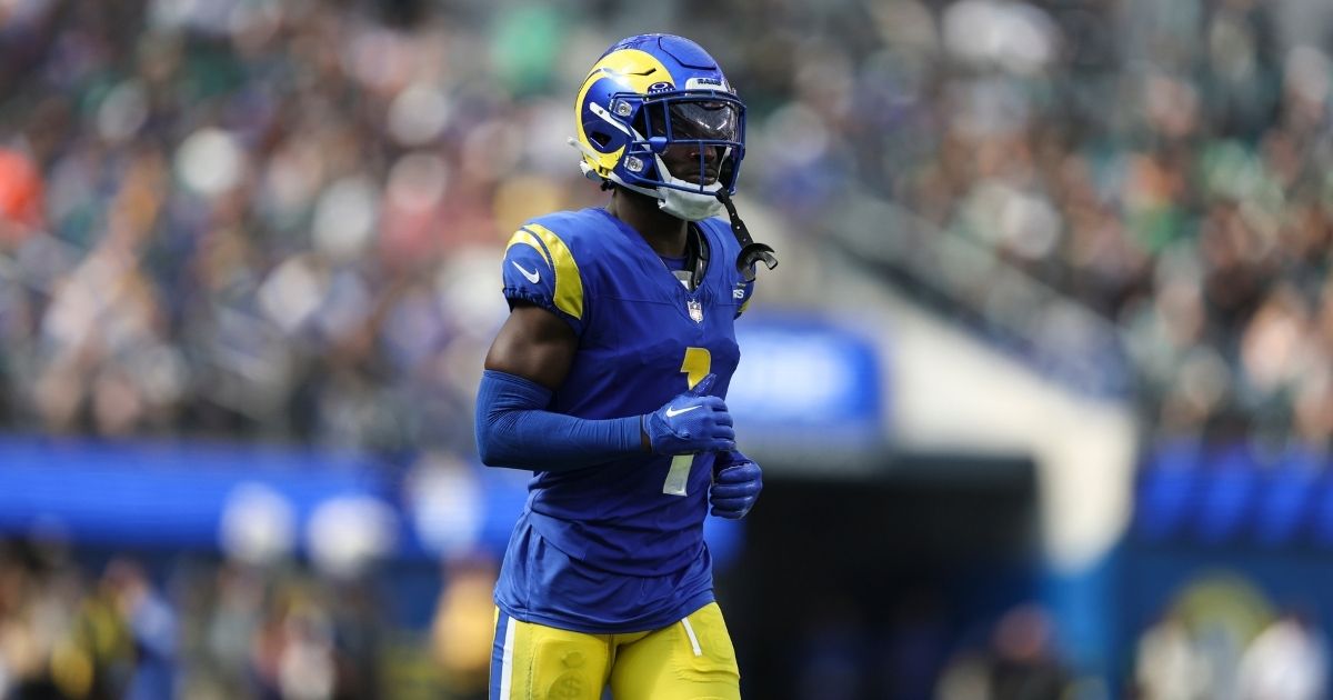 Derion Kendrick #1 of the Los Angeles Rams runs during an NFL football game between the Los Angeles Rams and the Philadelphia Eagles at SoFi Stadium on Oct. 8 in Inglewood, California.