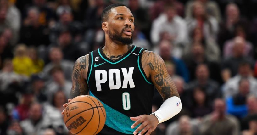 Damian Lillard #0 of the Portland Trail Blazers controls the ball during the second half against the Utah Jazz at Vivint Arena on March 22 in Salt Lake City.