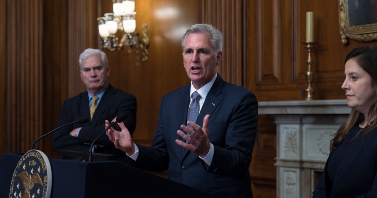 House Speaker Kevin McCarthy addresses a news conference Saturday after the House passed a stopgap spending bill to prevent a government shutdown.