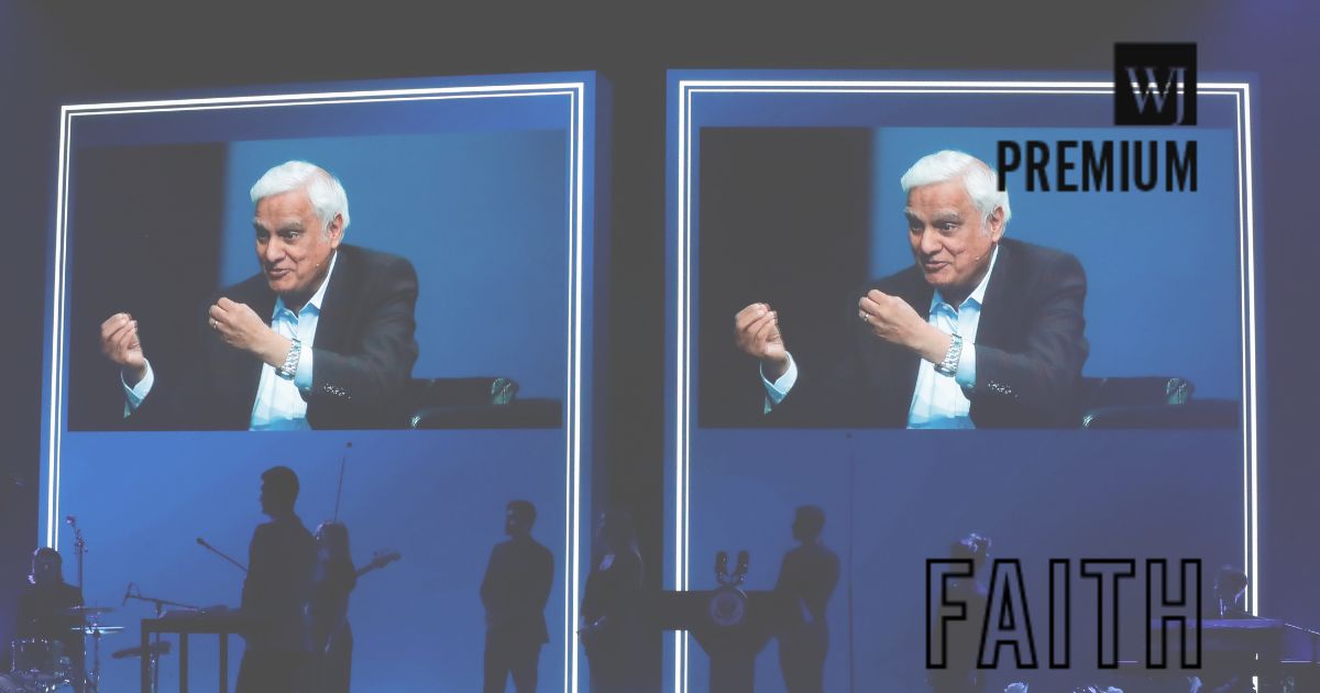 In this May 29, 2020 file photo, images of Ravi Zacharias are displayed in the Passion City Church during a memorial service for him in Atlanta.