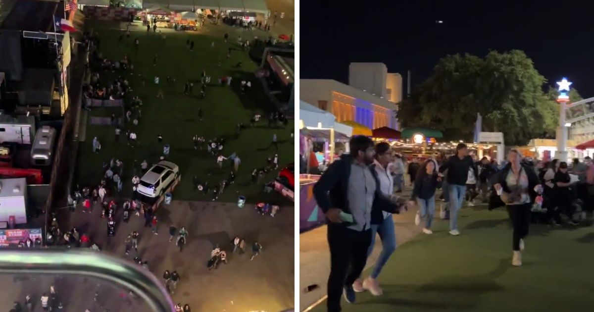 (L) A Twitter screen shot shows the Oct. 14 evacuation of the State Fair of Texas after an alleged shooting. (R) A Twitter screen shot shows a different angle of the evacuation of the State Fair of Texas.