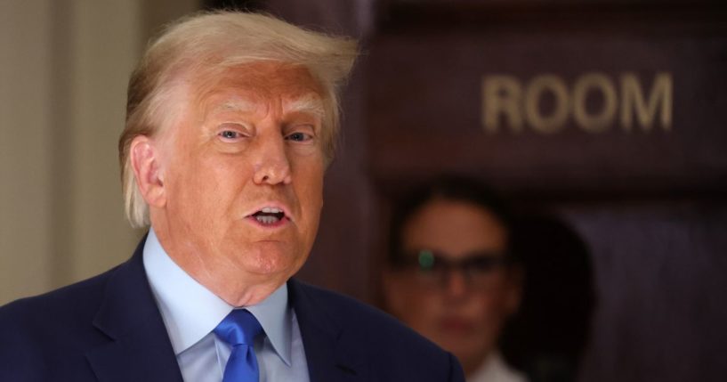 Former President Donald Trump speaks to the media during a break in his civil fraud trial at New York State Supreme Court on Tuesday in New York City.