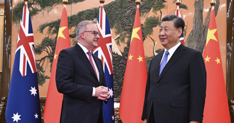 Australia's Prime Minister Anthony Albanese meets with China's President Xi Jinping at the Great Hall of the People in Beijing, China, Monday, November 6, 2023.