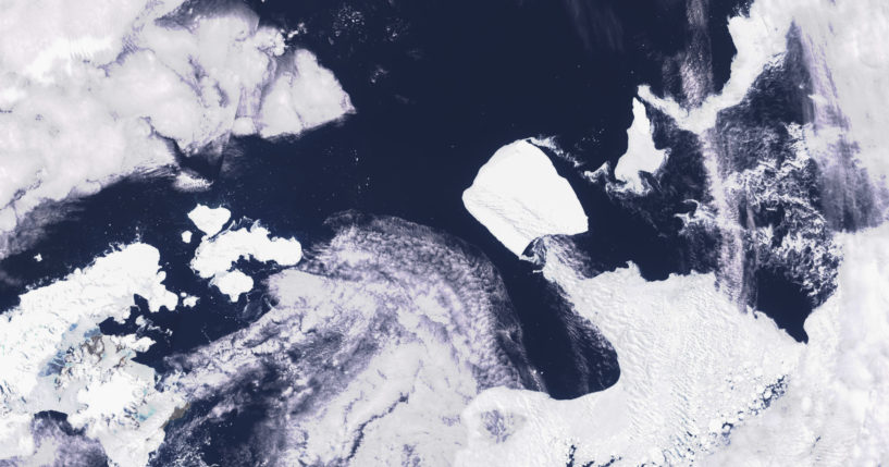 This images provided by Maxar Technologies shows the A23a iceberg moving through the sea near Antarctica on Nov. 15.