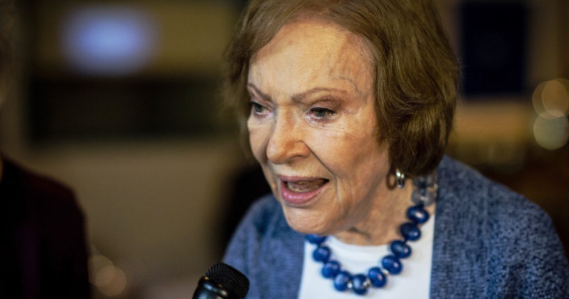 Former first lady Rosalynn Carter speaks to the media at The Carter Center in Atlanta on Nov. 5, 2019.