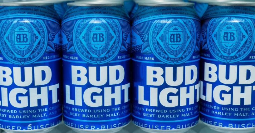 Cans of Bud Light beer are lined up on a refrigerator shelf in Wytheville, Virginia, on June 13, 2019.