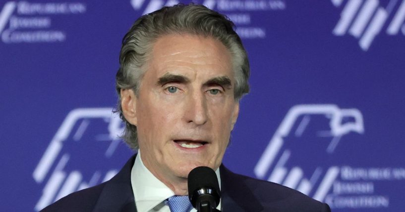 Republican presidential candidate and North Dakota Gov. Doug Burgum speaks during the Republican Jewish Coalition's Leadership Summit at the Venetian Resort in Las Vegas on Saturday.