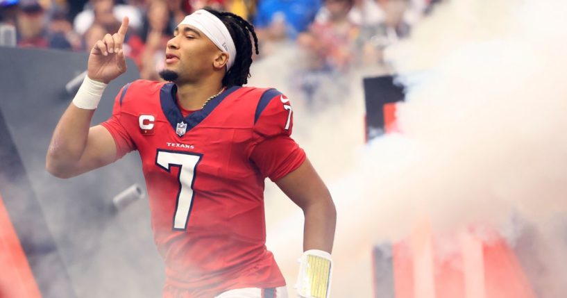 Houston Texans quarterback C.J. Stroud runs onto the field before the game against the Pittsburgh Steelers in Houston, Texas, on Oct. 1.