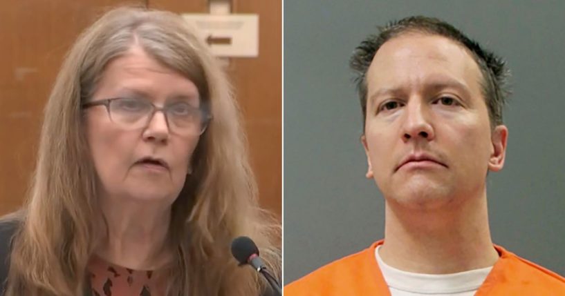 Carolyn Pawlenty, left, the mother of former Minneapolis police officer Derek Chauvin, right, is seen during victim impact statements at her son's sentencing hearing at the Hennepin County Courthouse in Minneapolis on June 25, 2022.