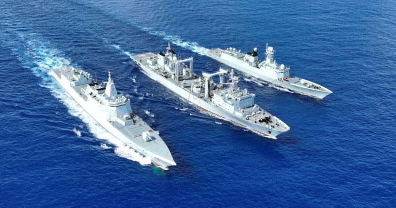 Warships attached to a combat support ship flotilla of the Chinese navy are seen during a combat training exercise on Oct. 23.