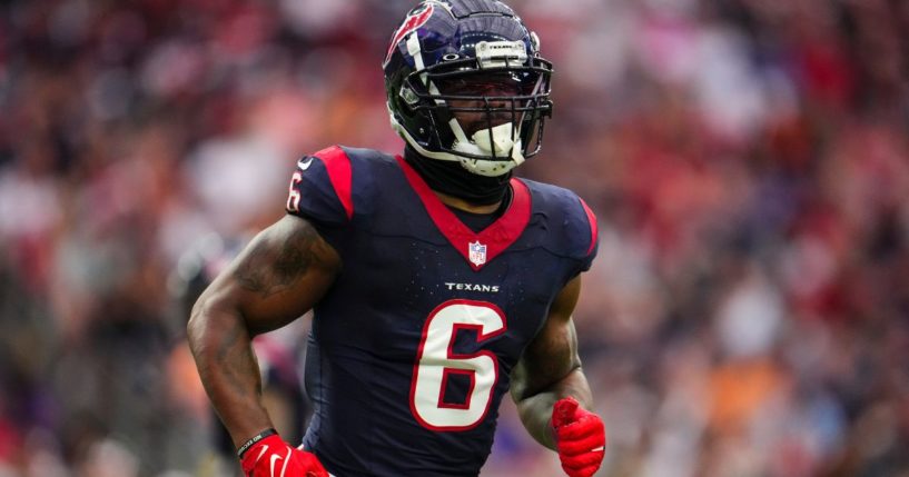 Houston Texans linebacker Denzel Perryman runs across the field during a game against the Tampa Bay Buccaneers in Houston, Texas, on Nov. 5. Perryman received a three-game suspension for illegal hits, most recently in his game against the Cincinnati Bengals.