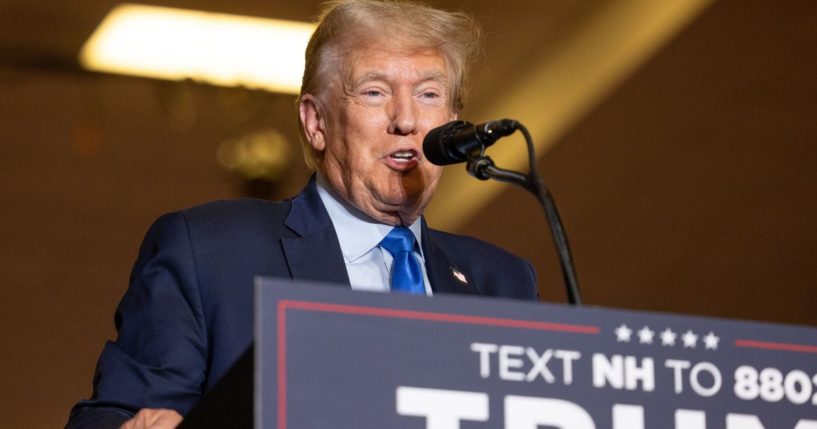 Republican presidential candidate former President Donald Trump delivers remarks during a campaign event in Claremont, New Hampshire, on Saturday.