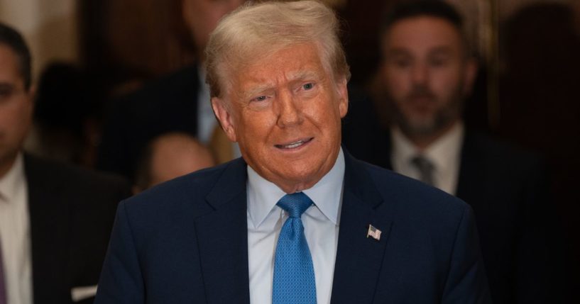 Former President Donald Trump speaks to the media after completing his testimony at his trial in the New York State Supreme Court in New York City on Nov. 6. Trump may now face new charges related to selling guns at an auction at his Mar-a-Lago estate, which would be a violation of his indictment.