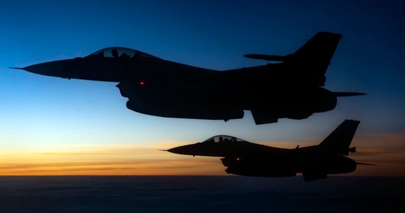 Two Air Force F-16 Fighting Falcons assigned to the 121st Expeditionary Fighter Squadron fly over U.S. Central Command’s area of responsibility during a mission in support of Combined Joint Task Force-Operation Inherent Resolve on July 17, 2021.