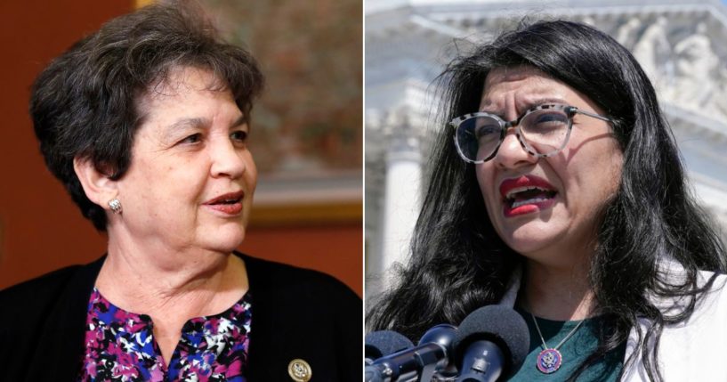 Democratic Rep. Lois Frankel of Florida, seen at left in 2018, voted to censure fellow Democratic Rep. Rashida Tlaib of Michigan, right, seen speaking in May.