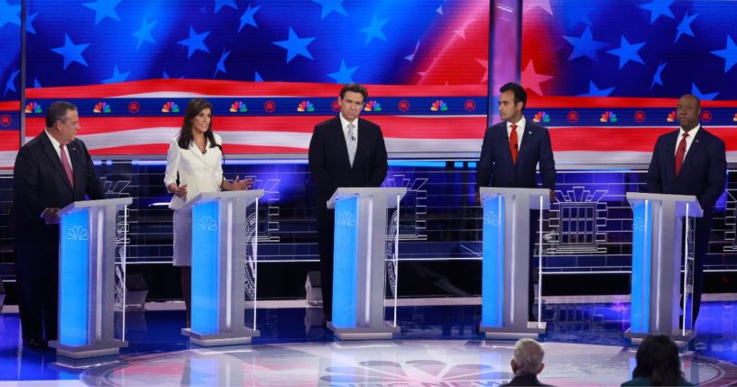 Republican presidential candidates, from left, former New Jersey Gov. Chris Christie, former U.N. Ambassador Nikki Haley, Florida Gov. Ron DeSantis, businessman Vivek Ramaswamy and South Carolina Sen. Tim Scott participate in a debate at the Adrienne Arsht Center for the Performing Arts of Miami-Dade County in Miami on Wednesday.