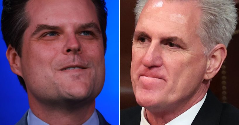 Rep. Matt Gaetz, left, has filed an ethics complaint against former Speaker of the House Kevin McCarthy for allegedly assaulting another member of the Republican House caucus on Tuesday.