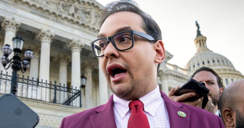 Rep. George Santos speaks to reporters outside the Capitol in Washington, D.C., on May 17.