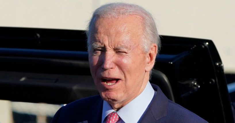 President Joe Biden talks to reporters after arriving in Norfolk, Virginia, on Sunday.