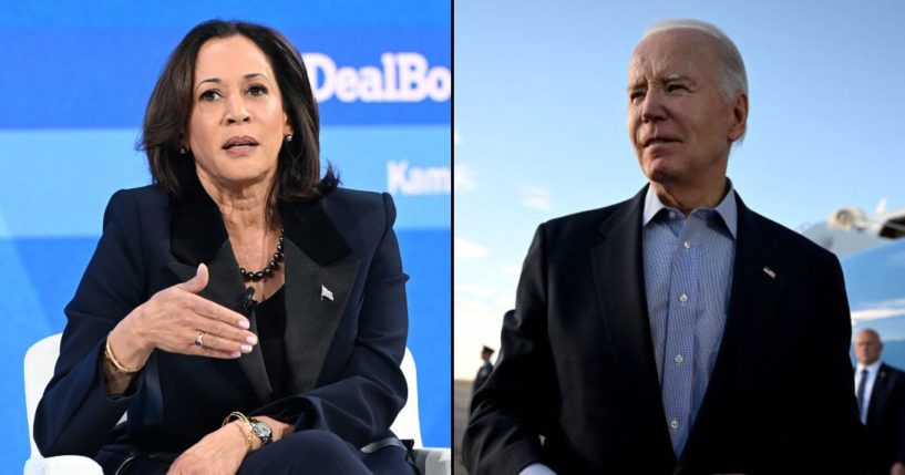 Vice President Kamala Harris speaks onstage during the New York Times DealBook Summit on Wednesday in New York City. President Joe Biden speaks to reporters before boarding Air Force One at Pueblo Memorial Airport in Pueblo, Colorado, on Wednesday.