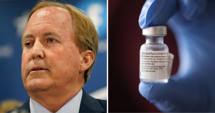 Texas Attorney General Ken Paxton makes a statement at his office on May 26 in Austin, Texas. A nurse holds a container of the Pfizer-BioNTech COVID-19 vaccine on Dec. 17, 2020, in Chicago.