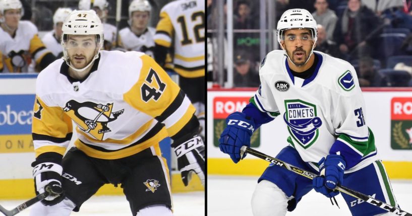 Adam Johnson of the Pittsburgh Penguins, left, skates against the New York Rangers at Madison Square Garden on March 25, 2019, in New York City. Matt Petgrave of the Utica Comets skates against the Laval Rocket during an AHL game at Place Bell on March 9, 2019, in Laval, Quebec, Canada.