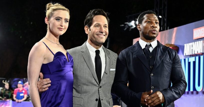 Jonathan Majors, right, poses with Kathryn Newton and Paul Rudd at a screening of "Marvel's Ant-Man and the Wasp: Quantumania" at BFI IMAX Waterloo in London on Feb. 16.