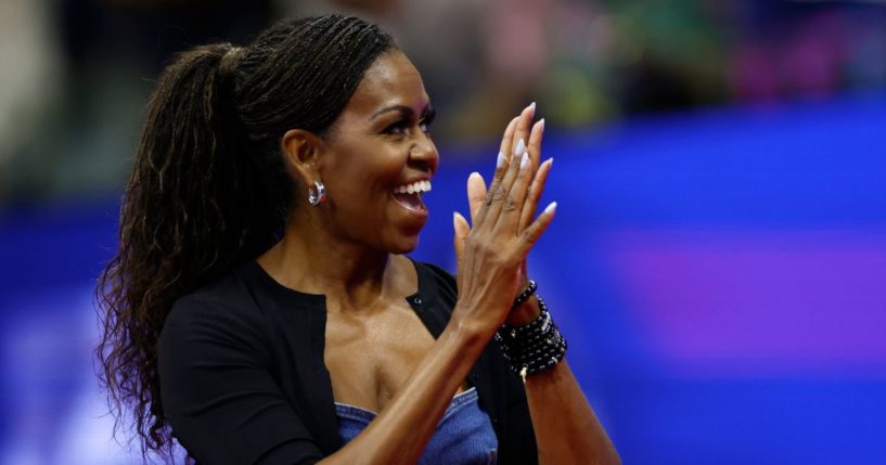 Former first lady Michelle Obama is introduced during the U.S Open at the USTA Billie Jean King National Tennis Center in Queens, New York, on Aug. 28.