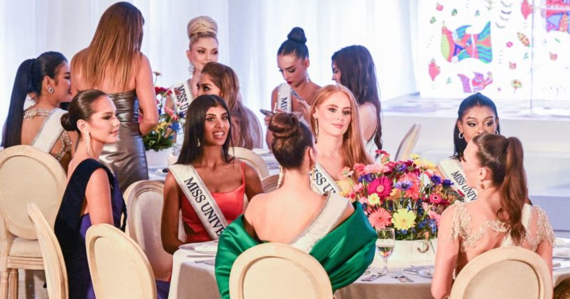 Miss Universe aspirants attend a gala event at the headquarters of the Ministry of Foreign Affairs of El Salvador in San Salvador on Nov. 8, ahead of the Miss Universe Pageant this weekend.