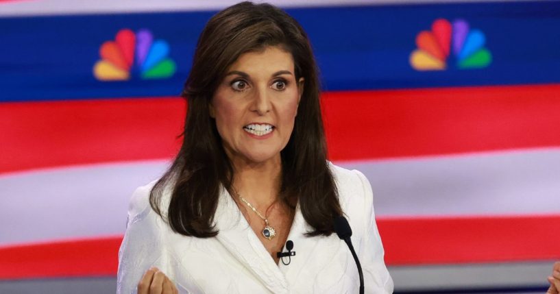 Republican presidential candidate Nikki Haley speaks during the third Republican primary debate in Miami, Florida, on Nov. 8.