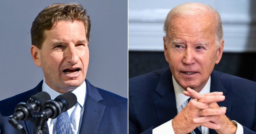 At left, Rep. Dean Phillips of Minnesota holds a rally outside of the New Hampshire Statehouse in Concord after handing over his declaration of candidacy form on Oct. 27. At right, President Joe Biden speaks during a meeting in the Roosevelt Room of the White House in Washington on Tuesday.