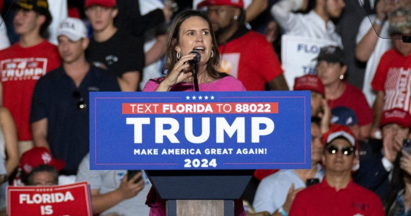 Gov. Sarah Huckabee Sanders speaks at a campaign rally for former President Donald J. Trump in Hialeah, Florida, on Wednesday.