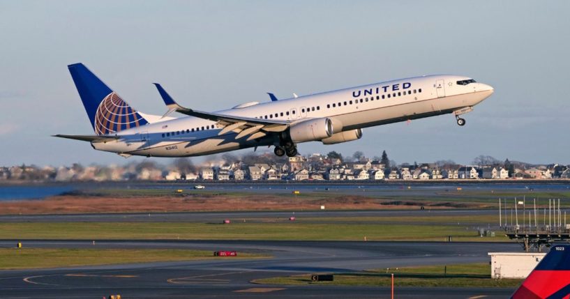 A United Airlines jet takes off at Boston's Logan International Airport Monday.