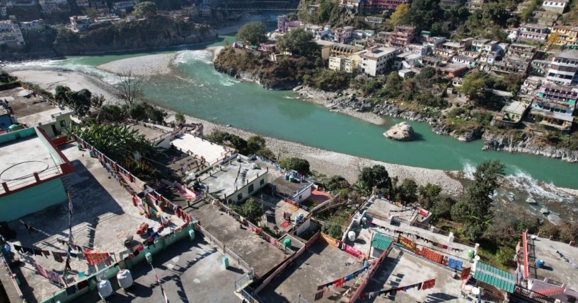 An aerial photo of Karnaprayag, in the Chamoli District of Uttarakhand state, India. An under-construction road tunnel in this mountainous state collapsed after a landslide Sunday, trapping more than 30 workers, officials said.