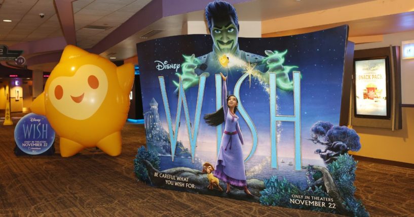 An advertisement for Disney's "Wish" is displayed during its screening at AMC Sunset Place in Miami, Florida, on Nov. 18.