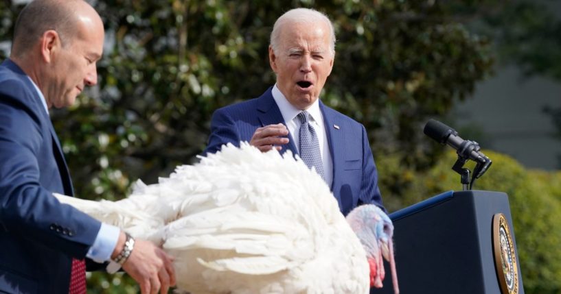 President Joe Biden pardons the national Thanksgiving turkeys, Liberty and Bell, during a pardoning ceremony on the South Lawn of the White House in Washington, D.C., on Monday.