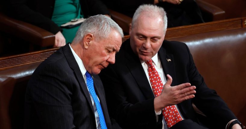 Rep.-elect Steve Scalise, right, talks to Rep.-elect Ken Buck in the House Chambers on the second day of elections for Speaker of the House at the U.S. Capitol Building on Jan. 4 in Washington, D.C.