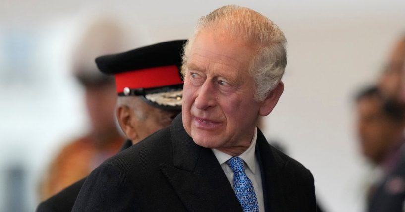 King Charles III arrives for the start of a ceremonial welcome for the president and the first lady of the Republic of Korea at Horse Guards Parade on Tuesday in London.