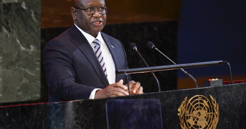 Julius Maada Bio, president of Sierra Leone, speaks at the start of the Transforming Education Summit at United Nations headquarters, Sept. 19, 2022. Bio declared a nationwide curfew after gunmen attacked the West African country's main military barracks in the capital of Freetown.