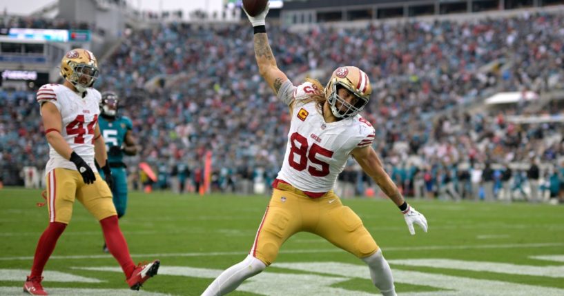 San Francisco 49ers tight end George Kittle (85) celebrates after scoring a touchdown during the second half of an NFL football game against the Jacksonville Jaguars on Sunday in Jacksonville, Florida.