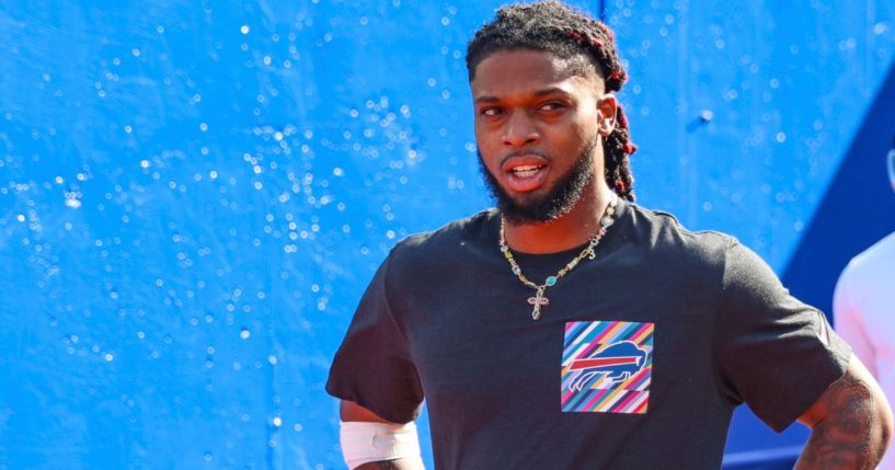 Buffalo Bills safety Damar Hamlin walks onto the field for warm-ups before an NFL football game against the Miami Dolphins on Oct. 1, in Orchard Park, New York.