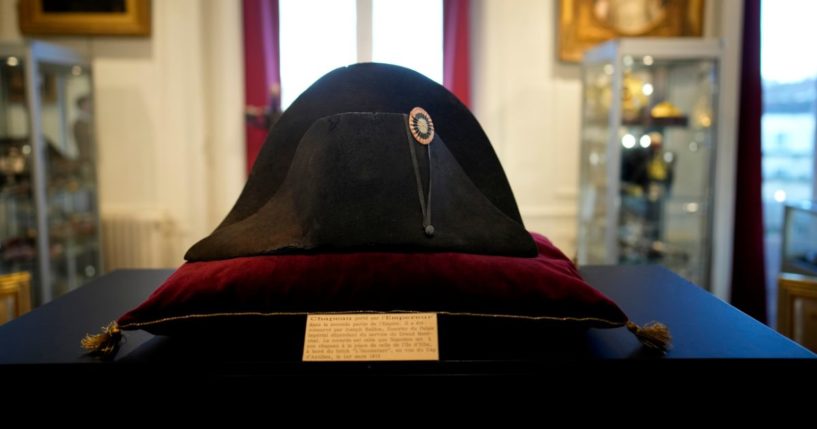 One of the signature broad, black hats that Napoléon wore when he ruled 19th century France and waged war in Europe is on display at Osenat's auction house in Fontainebleau, south of Paris on Friday.