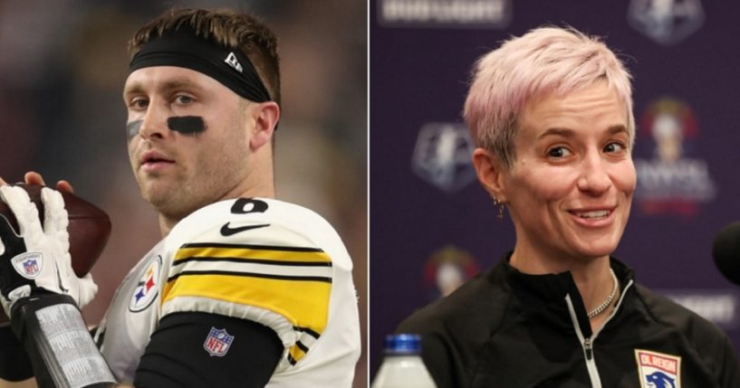 Former NFL quarterback Devlin Hodges, left, in a 2019 file photo; right, women's soccer star Megan Rapinoe.