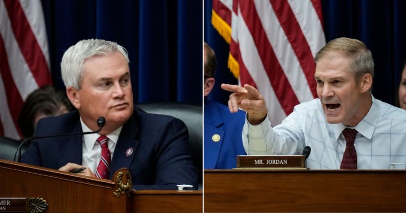 Committee chairman Rep. James Comer, left, looks on as Rep. Jim Jordan questions witnesses during a House Oversight Committee hearing related to the Justice Department's investigation of Hunter Biden, on Capitol Hill July 19 in Washington, D.C.