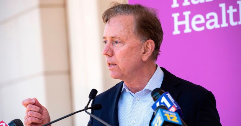 Connecticut Governor Edward Miner "Ned" Lamont Jr. speaks about the states efforts to get more people vaccinated at Hartford HealthCare St. Vincent's Medical Center in Bridgeport, Connecticut on Feb. 26, 2021.